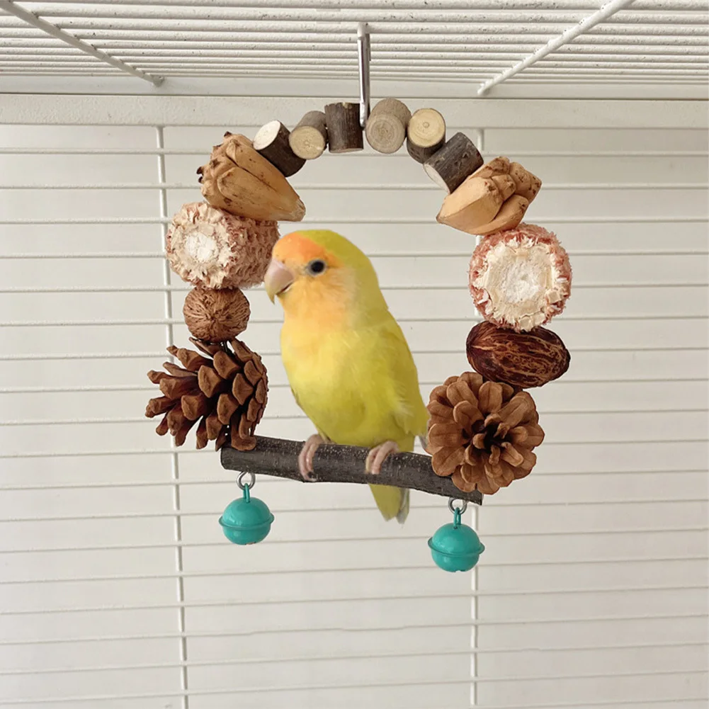 Parrot Toy Bird Chewing Standing Perch Toy Natural Pinecone Nuts Wood Block Corn Cob Bird Tearing Toy Hanging Bird Cage Toy