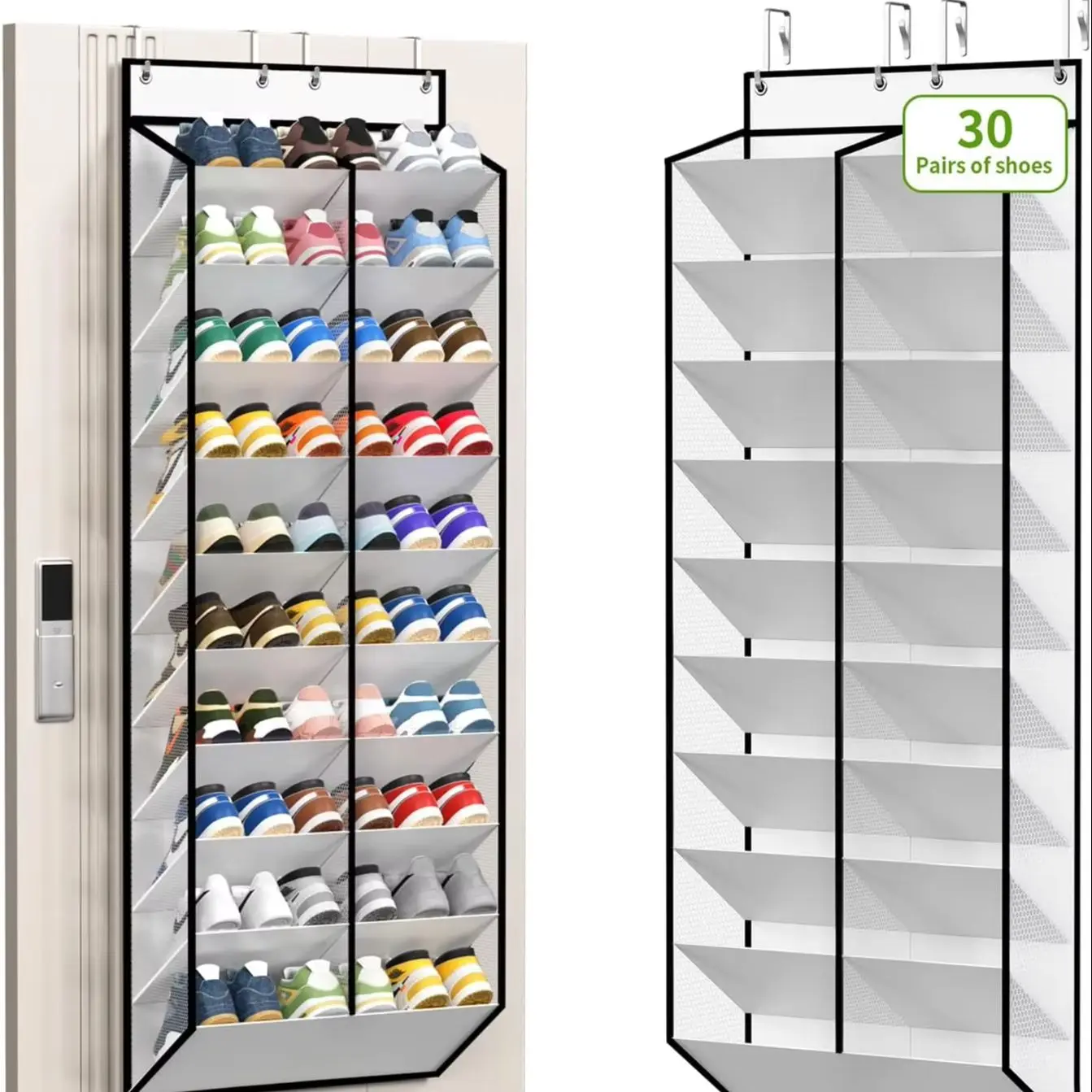 20-stufiger Schuh-Organizer zum Aufhängen an der Tür, tiefe Taschen, großer hängender Schuhständer für Schranktüren, für 30 Paar Schuhe geeignet – Detail 4