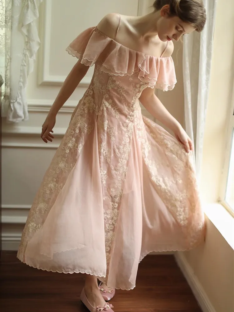 84-94cm Bust Summer Dress For Women Vintage Elegant Slim Sexy Slash Neck Embroidery Big Swing Wedding Dress Long Pink Dress