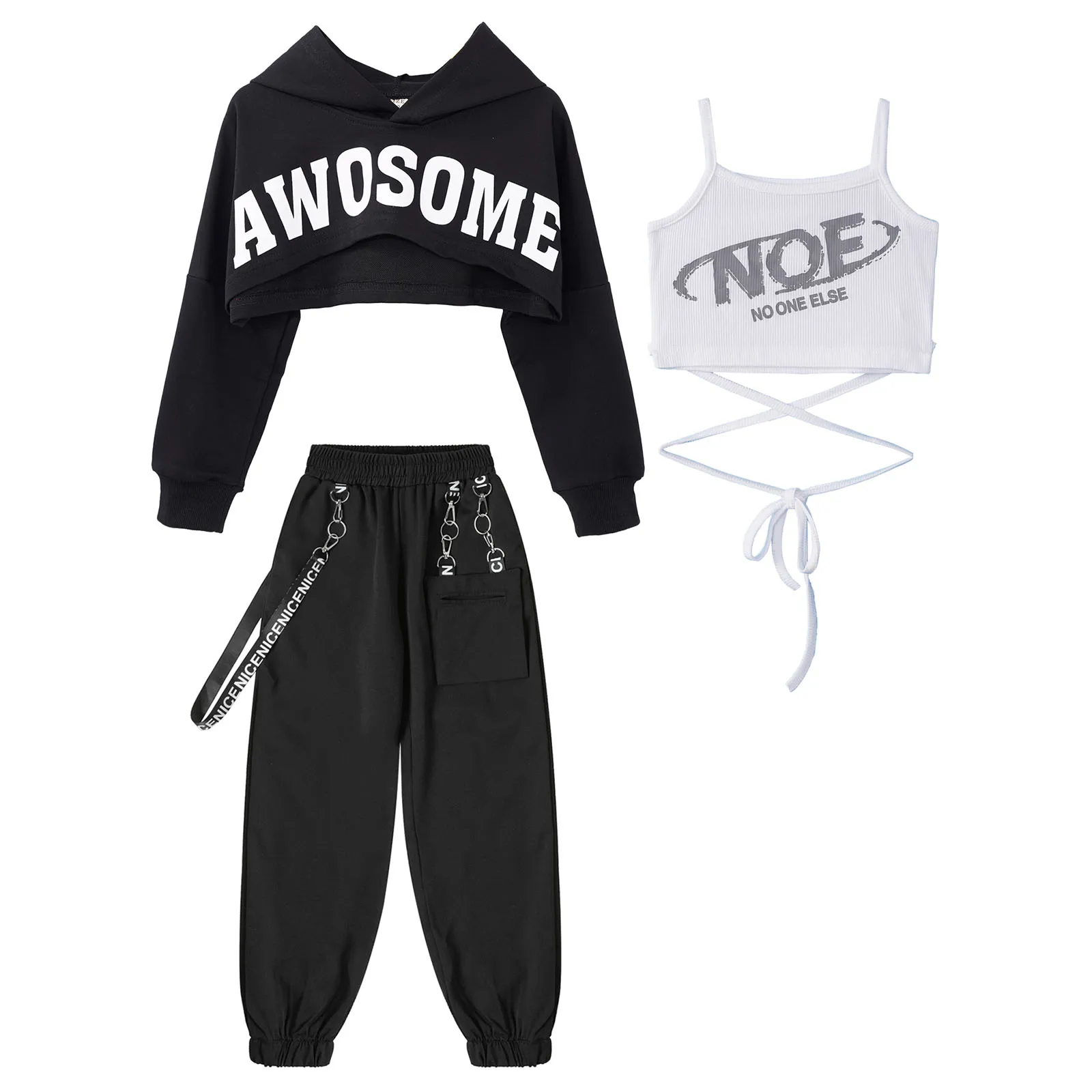 

Kids Girls Hip-Hop Jazz Dance Outfit Crop Top Fashion Letter Printed Vest Camisole with Cropped Hoodie Metal Chain Pocket Pants