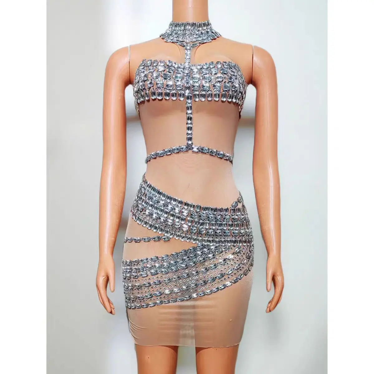 

Sexy Full Diamond Perspective Mesh Short Skirt Nightclub DJ Bar Female Singer Performance Clothing Dance Team Party Theme Show