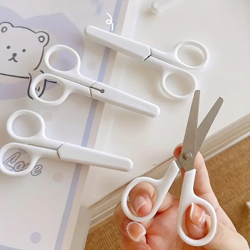 1pc White portable hand scissors Stainless steel art safety scissors with lid Children's student scissors