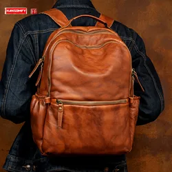 Retro Hand-Rub Color Genuine Leather Men's Backpack Casual Laptop Bag Vegetable Tanning Leather Travel Backpacks Men Schoolbag