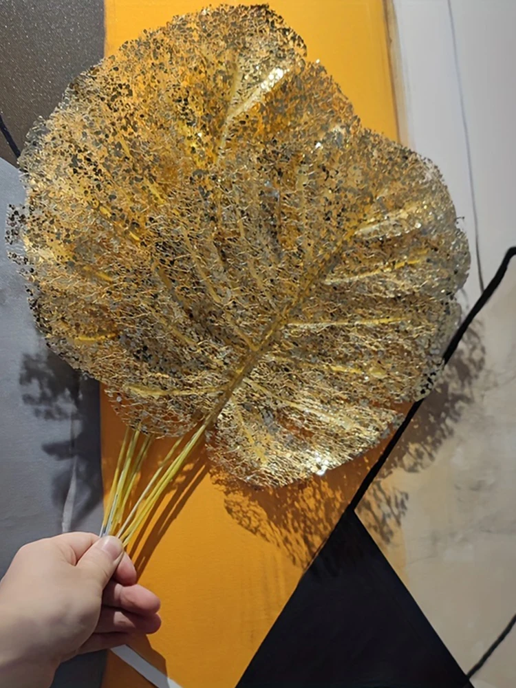 6 Stück künstliche goldene Schildkrötenblätter, künstliche lose Schwanz-Fälschungspflanze, Hochzeit, Geburtstag, Party, Heimdekoration, Palmblätter – Detail 1