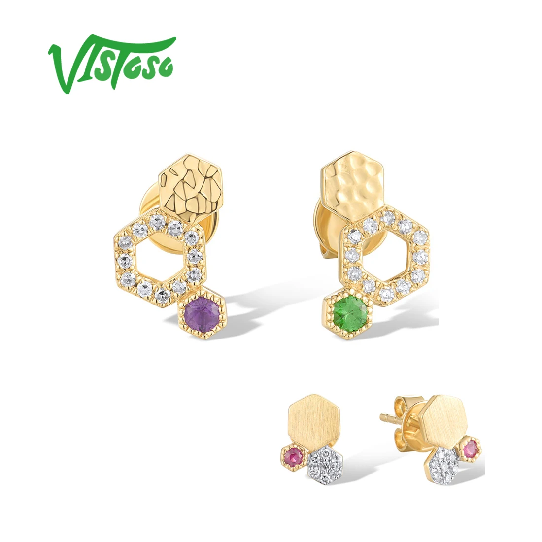 

VISTOSO 14K 585 Yellow Gold Stud Earrings For Women Sparkling Diamonds Colored Gems Geometric Hexagon Party Gifts Fine Jewelry