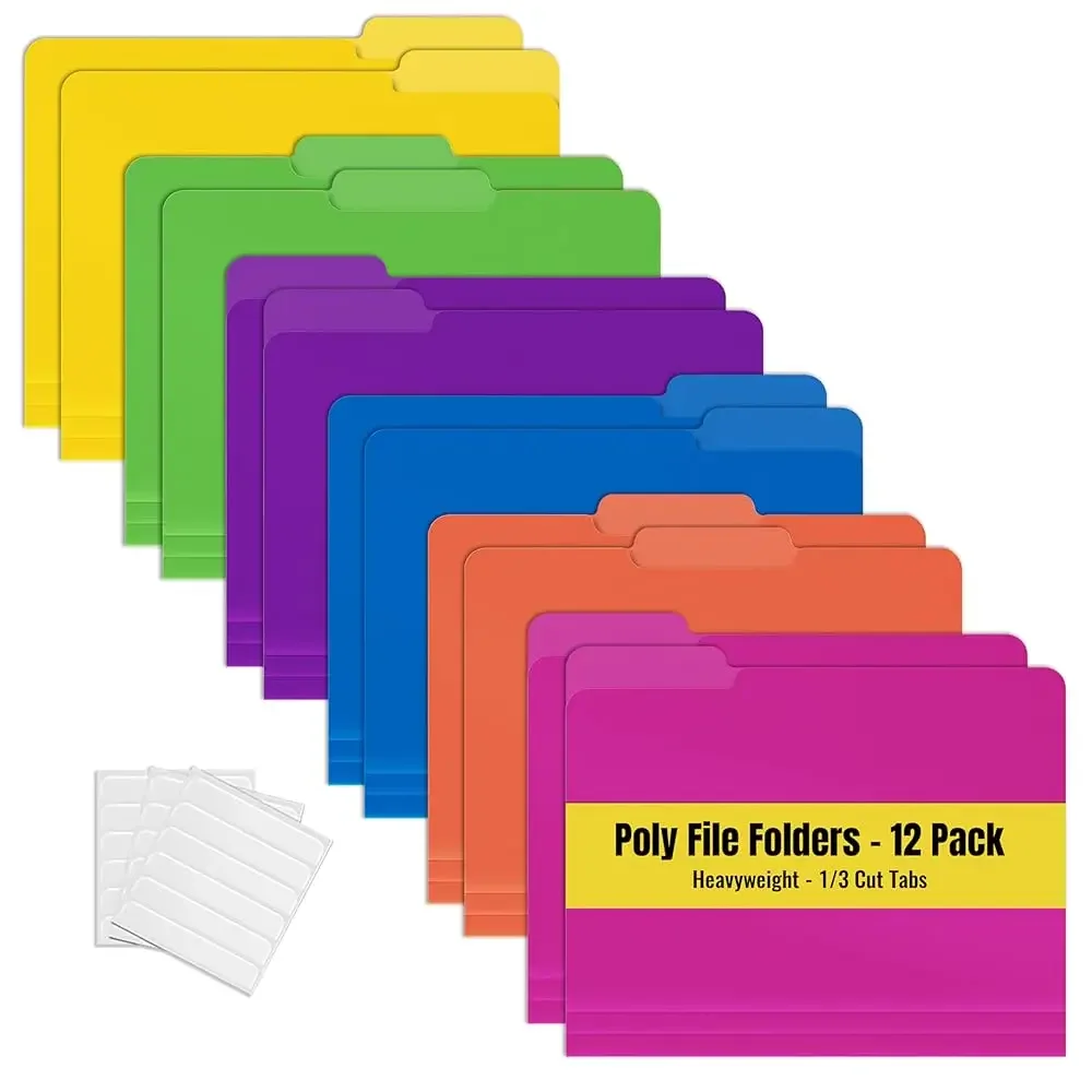 

Heavyweight Poly File Folders, 1/3 Cut Tabs, 12 Pack, Assorted Colors, Letter Size, with Adhesive Labels,