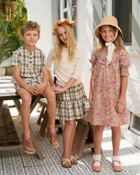 Clearance sale 2025 AS summer green grid & pink Floral collection brother sister family matching 100% cotton boys girls clothing