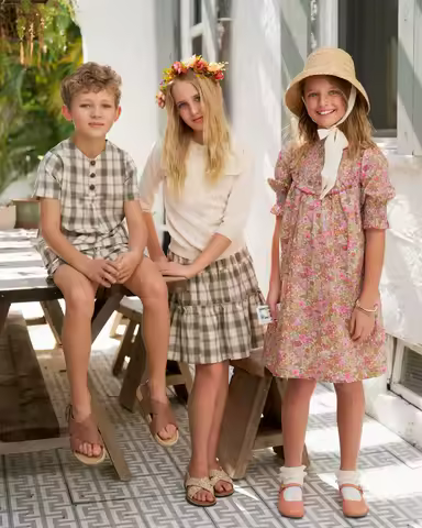 Clearance sale 2025 AS summer green grid &amp; pink Floral collection brother sister family matching 100% cotton boys girls clothing