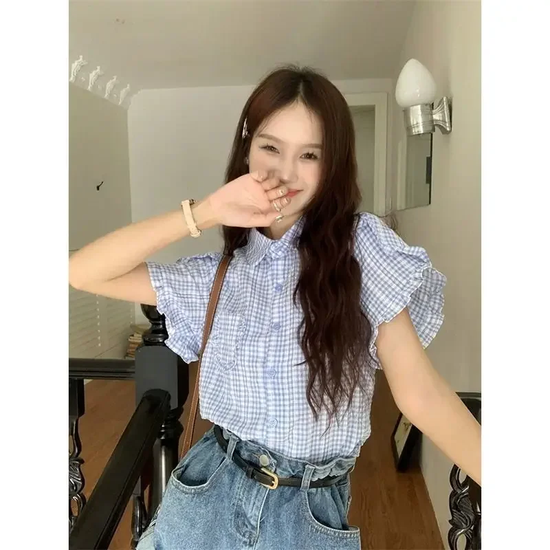 

Short Sleeve Shirts Womens Sweet Girlish Kawaii Blouse Peter Pan Collar Ruched Sleeve Cute College Preppy Style Elegant Chic