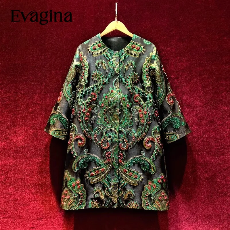 Evagina Diamond Inlay Embroidered Nail Bead Jacquard Spring Autumn Women's Long Sleeved Holiday High End Coat