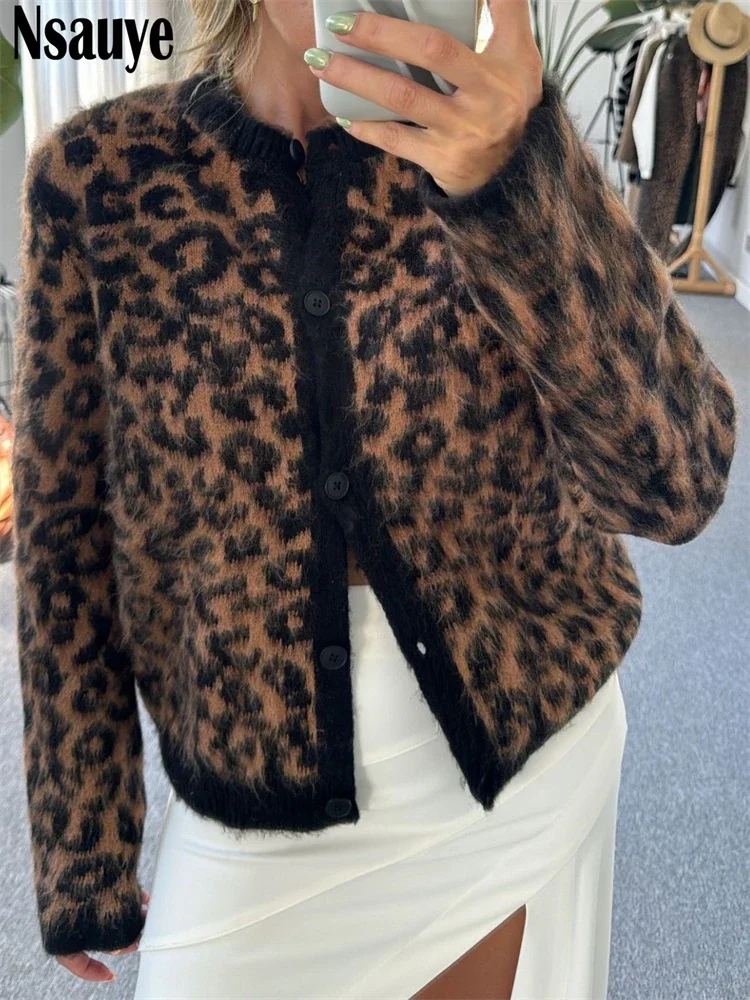 Nsauye Casual Y2K Women\'s Cardigans Sweater Sexy Club Fashion Knitted Long Sleeve Leopard Sweater Tops Knitwear 2024 Winter