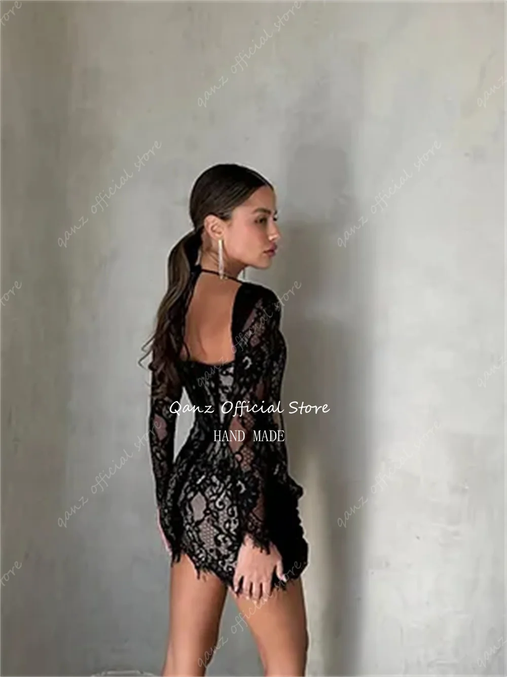 Qanz Sexy Lace Prom Dresses Mini Black Long Sleeves Corset Back Bodycon Dresses Party Cocktail Gowns Birthday Dress Customized