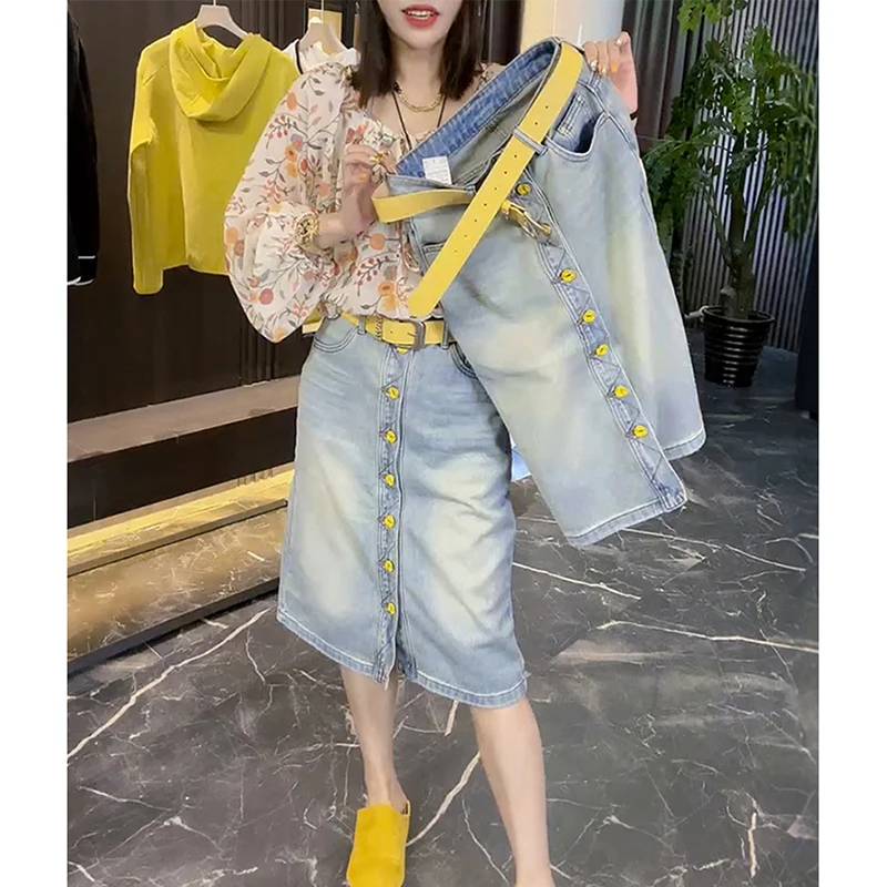 Split denim midi length skirt for women in summer pear shaped figure covered mid length A-line hip hugging slimming skirt