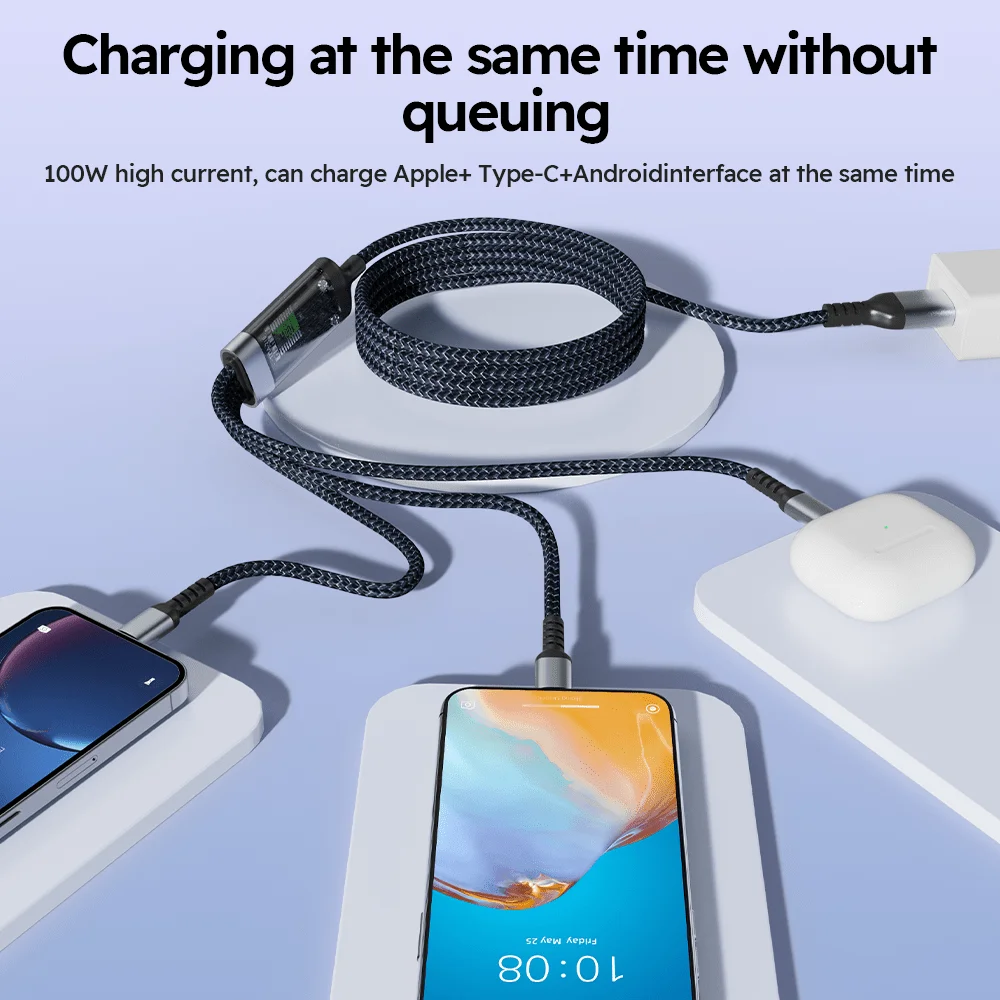 3-in-1, 100W, LED Digital Display Nylon Braided Cable, 1/16/20pcs, USB-A to Type-C/Lightning/Micro-USB, Compatible with iPhone 13/14/15/16, Android Phones, Laptops, MP3 Players, Office Use, Home Use, Travel Essentials