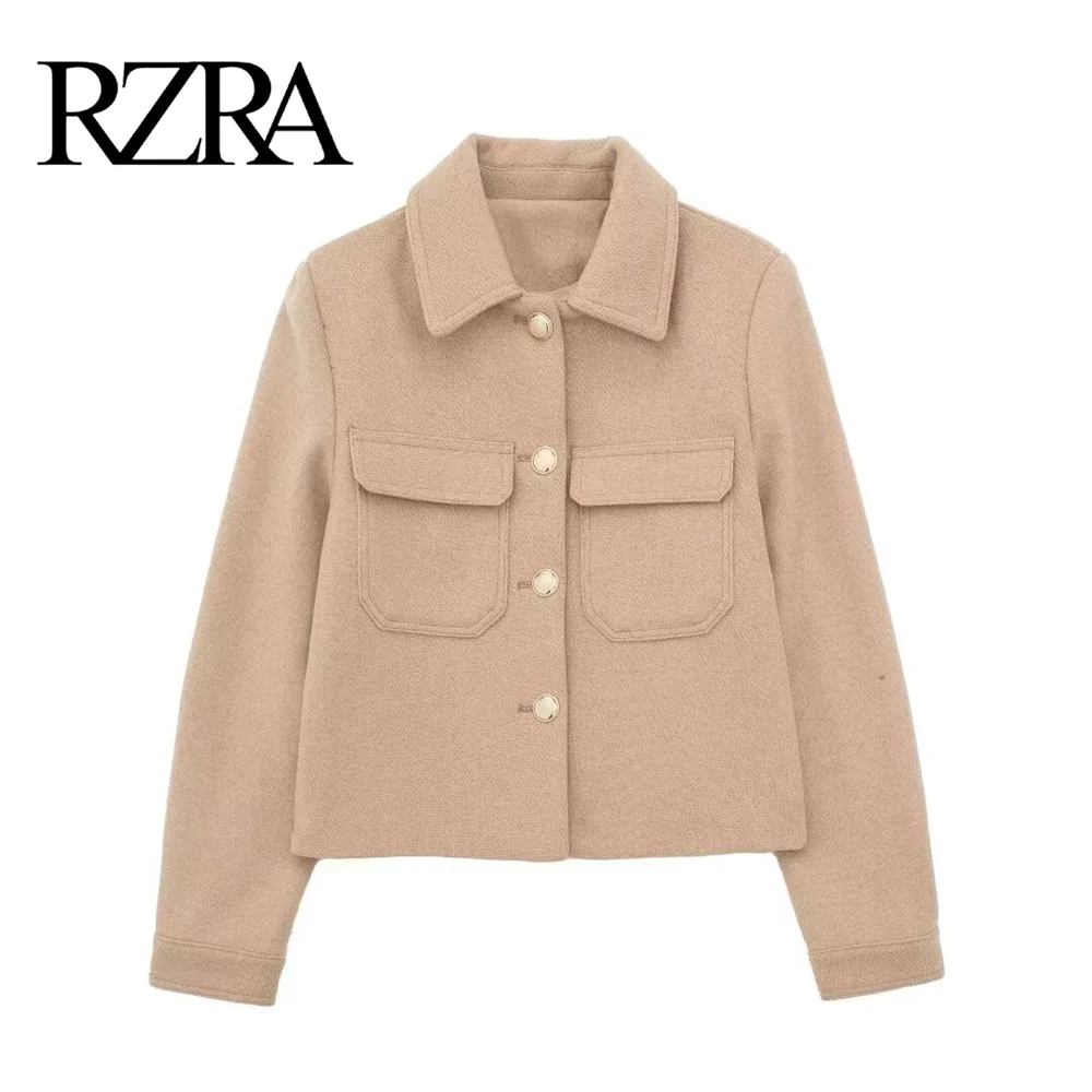 

RZRA2024 new winter women's lapel long-sleeved gold button-decorated double-pocket short jacket casual and versatile