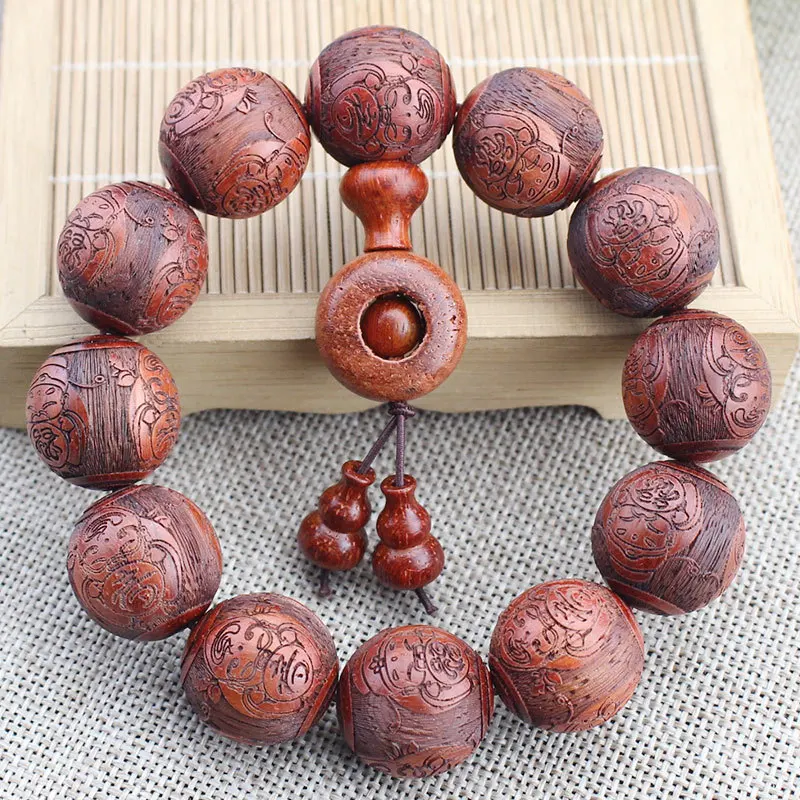 Factory Wholesale Red Rosewood Bracelet Carving Rosary Lobular Red Sandalwood Cat Eye Ebony Bracelet Men and Women Crafts Orname