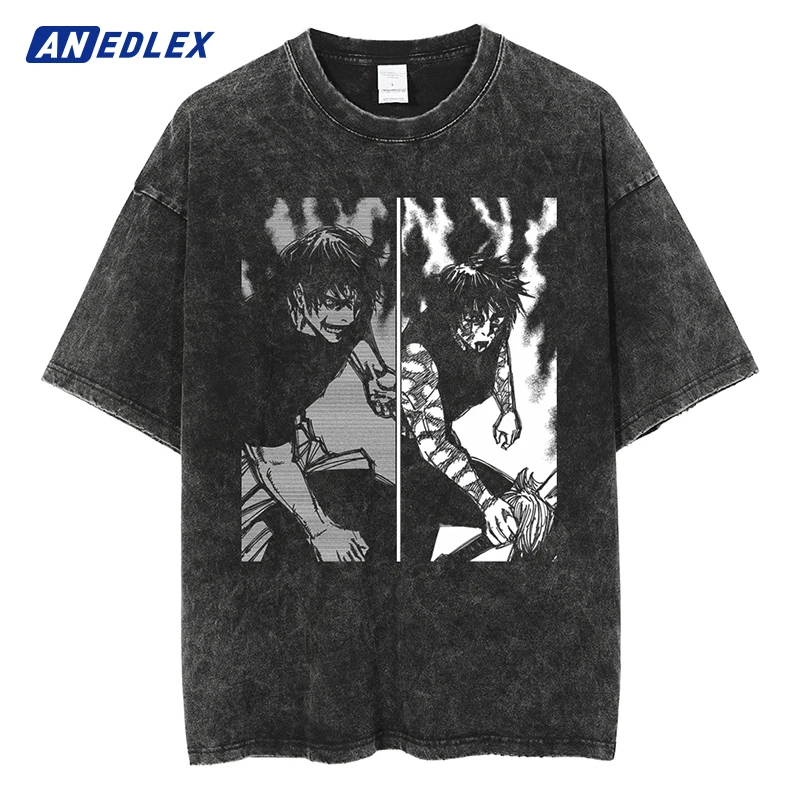 

Men Black Washed T-Shirt Streetwear Anime Graphic Print T Shirt Harajuku Cotton Casual Tshirt Summer Short Sleeve Tops Tees