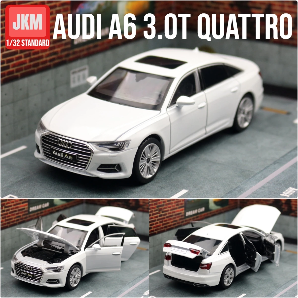 1/32 Audi A6 Quattro Toy Car Model JKM Diecast Alloy Miniature Sound & Light Free Wheels Collection Gift For Children Boys Kid