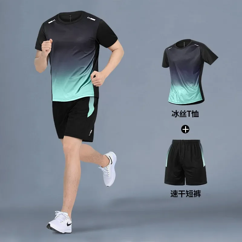 Men's Summer Running Suit Ice Silk Quick-Dry Short Sleeve Gym Shirt New Professional Marathon Training Clothes view 3