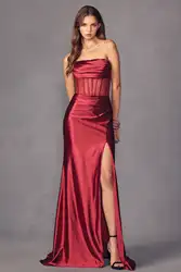 Sexy Strapless Pleated Mermaid Bridesmaid Dresses With Split Side Sleeveless Backless Formal Evening Gowns Corset Long Prom Gown