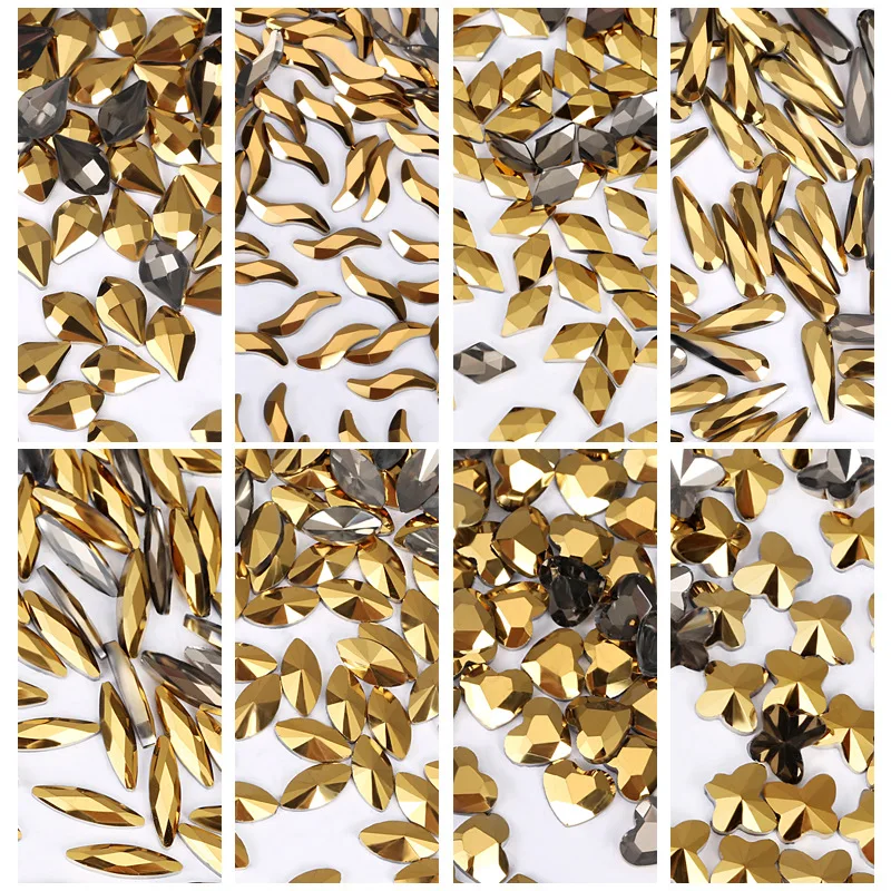 100/500pcs Gold Hematite Boutique Flat bottom nail art rhinestones Glass crystal 3D nail decoration Multiple shapes wholesale