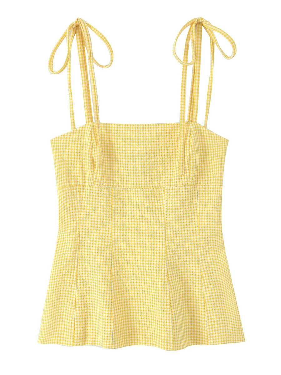 Women's Slim Fit Checkered Strapless Vest  Knot Shoulder Strap Inner Wear Top Fashionable Summer Polyester Fiber