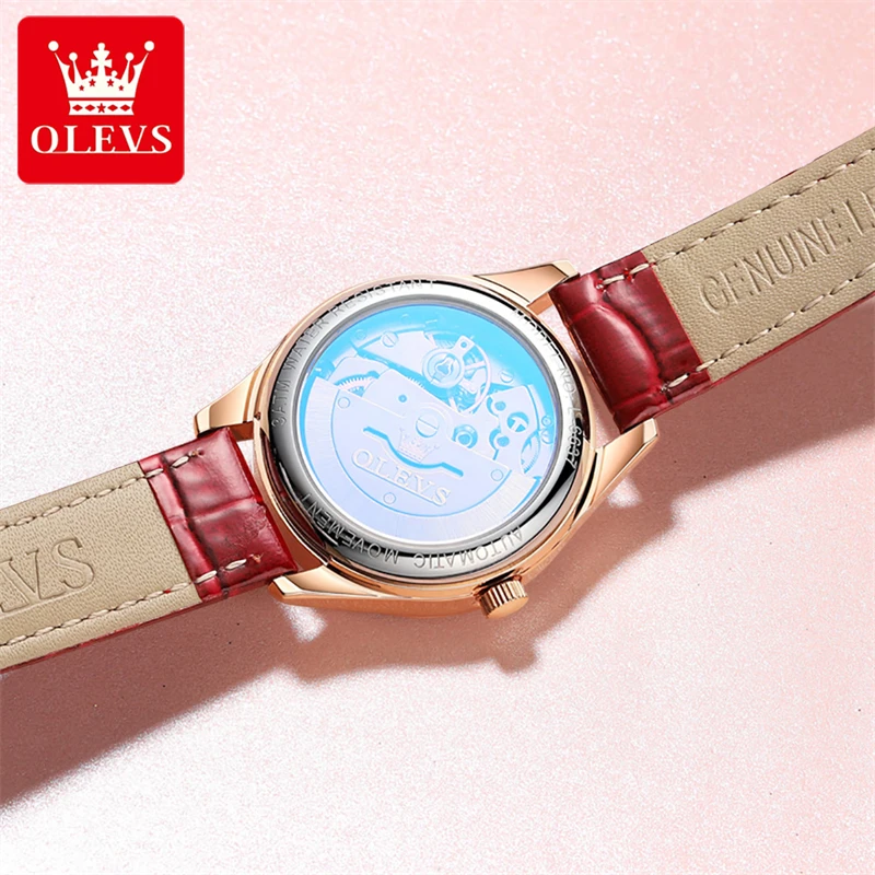 OLEVS Fashion Women Mechanical Watches Leather Strap Waterproof Week Date Women Luxury Diamond Automatic Watch Zegarek Damski