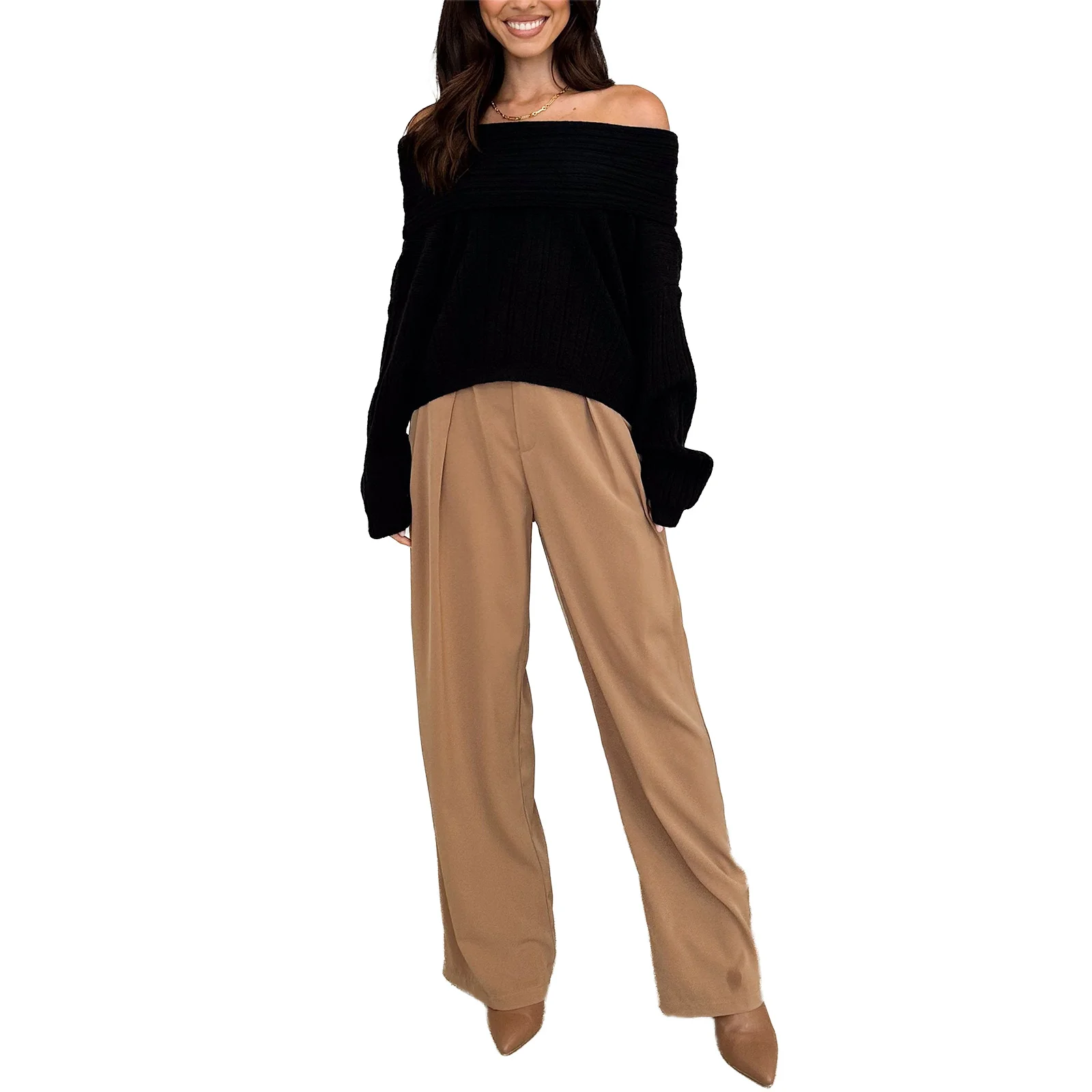 

Women's Long Sleeve Solid Color Pullovers Fairy Grunge Sweaters Off Shoulder Ribbed Knit Sweaters