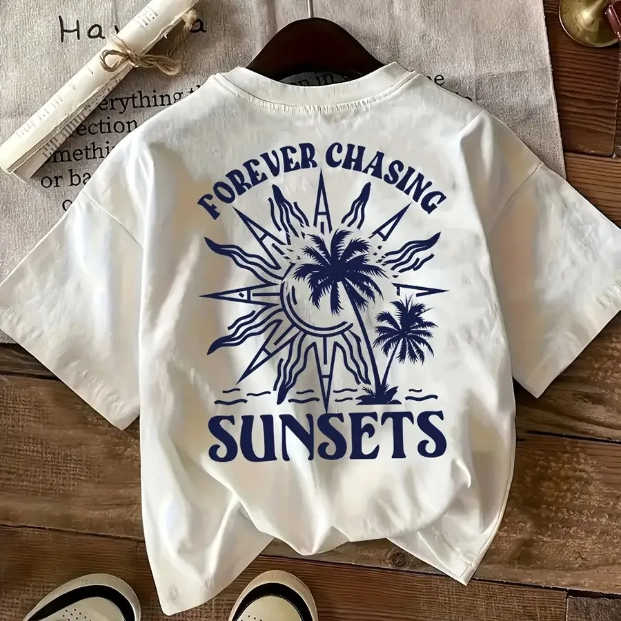 Camiseta de Playa con Estampado para Mujer - Blusa Suave de Cuello Redondo y Manga Corta, Lavable a Máquina, Ideal para Vacaciones y Ropa de Playa