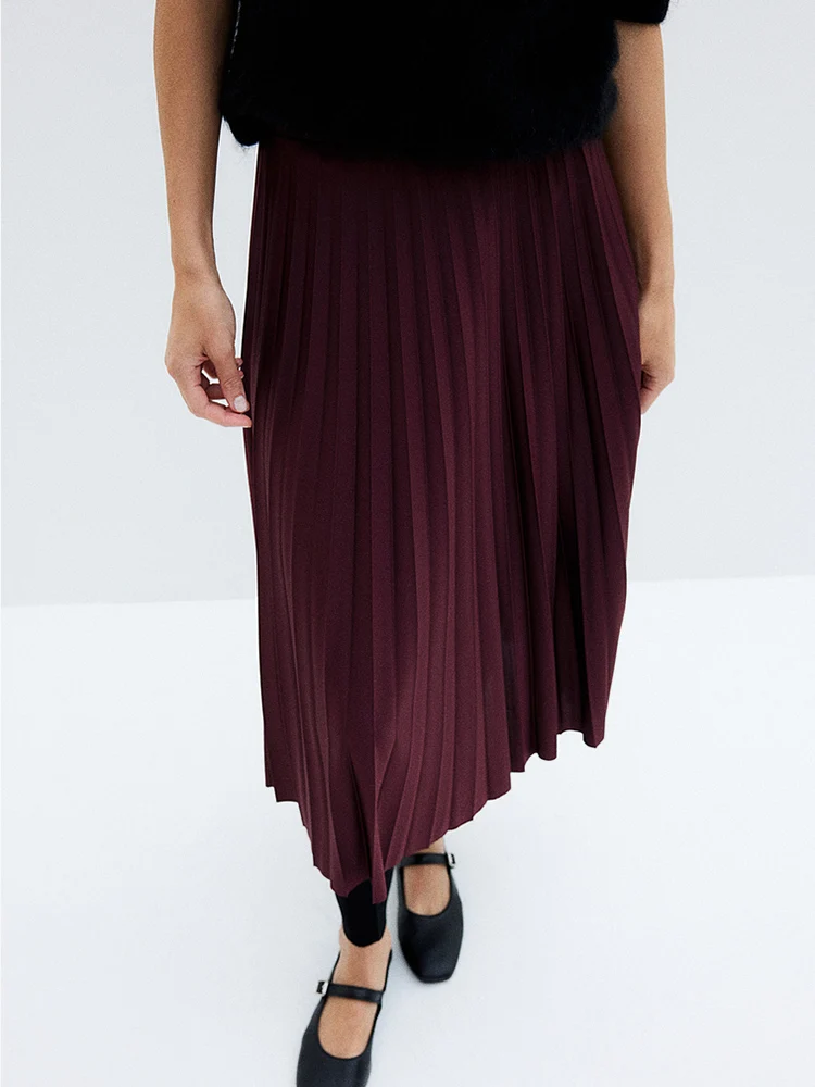 

New Autumn Casual Simple Knee-Length Midi Skirt Women's f-length Skirts Pleated High Waist Regular Thin Knitted Dr