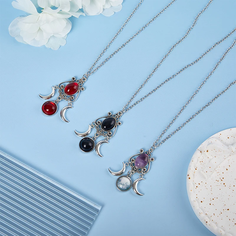 Fashion Retro Style Black/Red/Purple Triple Moon Pendant Necklace Women Party Jewelry Accessories Gifts