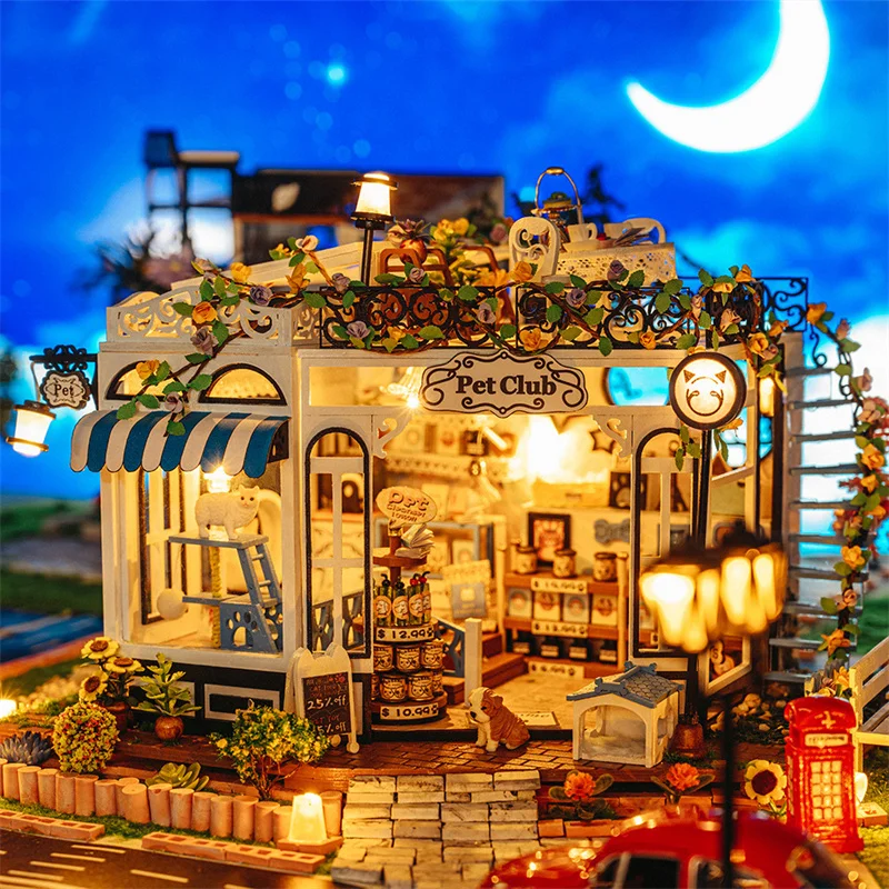 DIY Holz Miniatur Bausätze Pet Club Cottage Puppenhäuser mit Möbeln Casa Puppenhäuser für Freunde Geburtstagsgeschenke