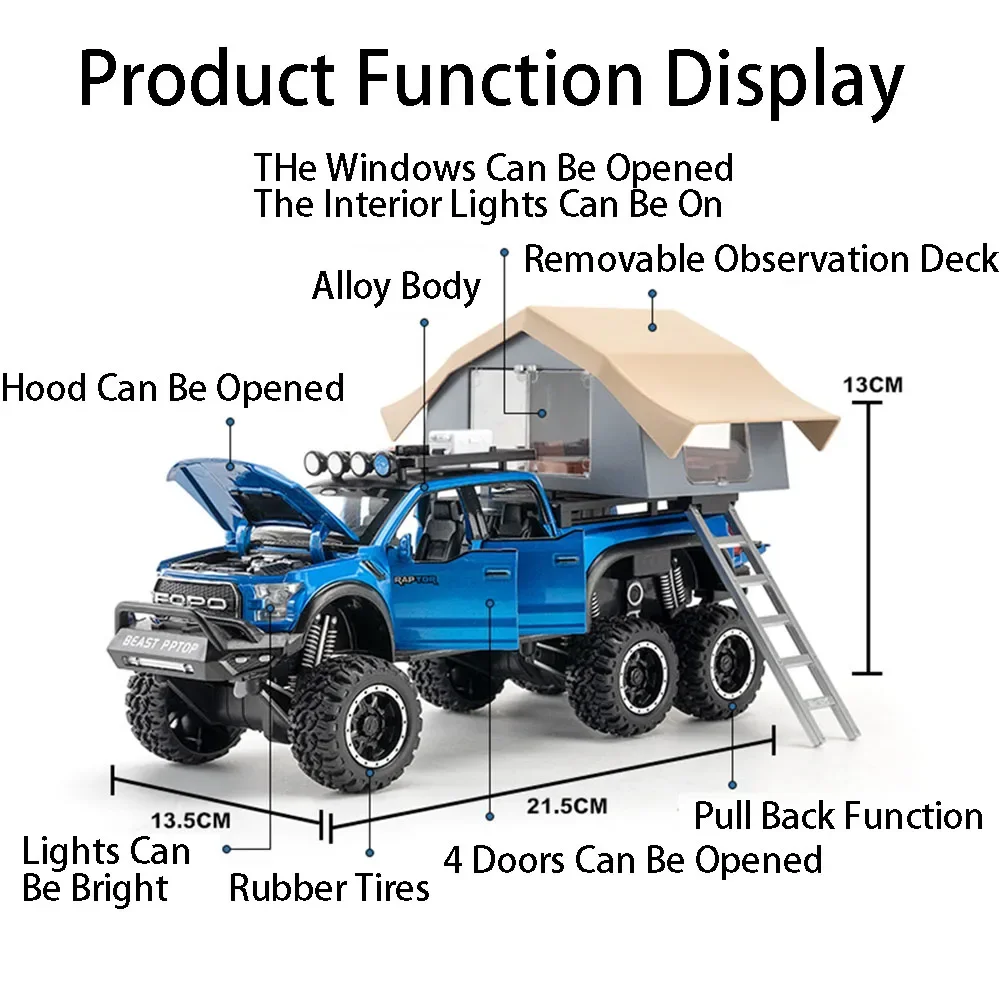 1:24 オフロード車 マモス F150 おもちゃモデル 合金ダイキャスト サウンドライト ドア開閉 プルバック ショックアブソーバー キッズ エデュテイメント