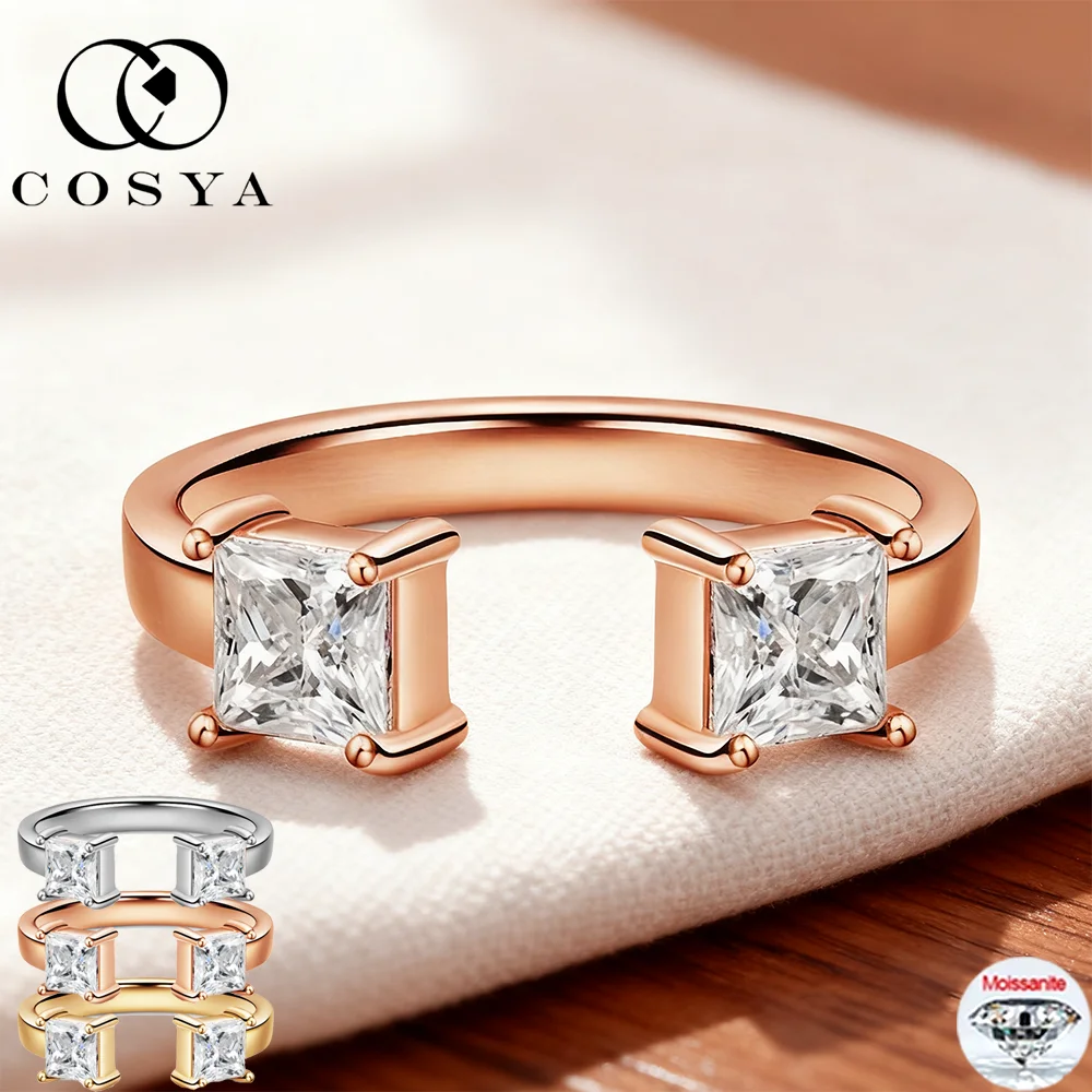 

COSYA 1cttw D Color VVS1 Princess Cut Moissanite Ring for Women S925 Silver 18K Gold Plated Adjustable Wedding Band Jewelry