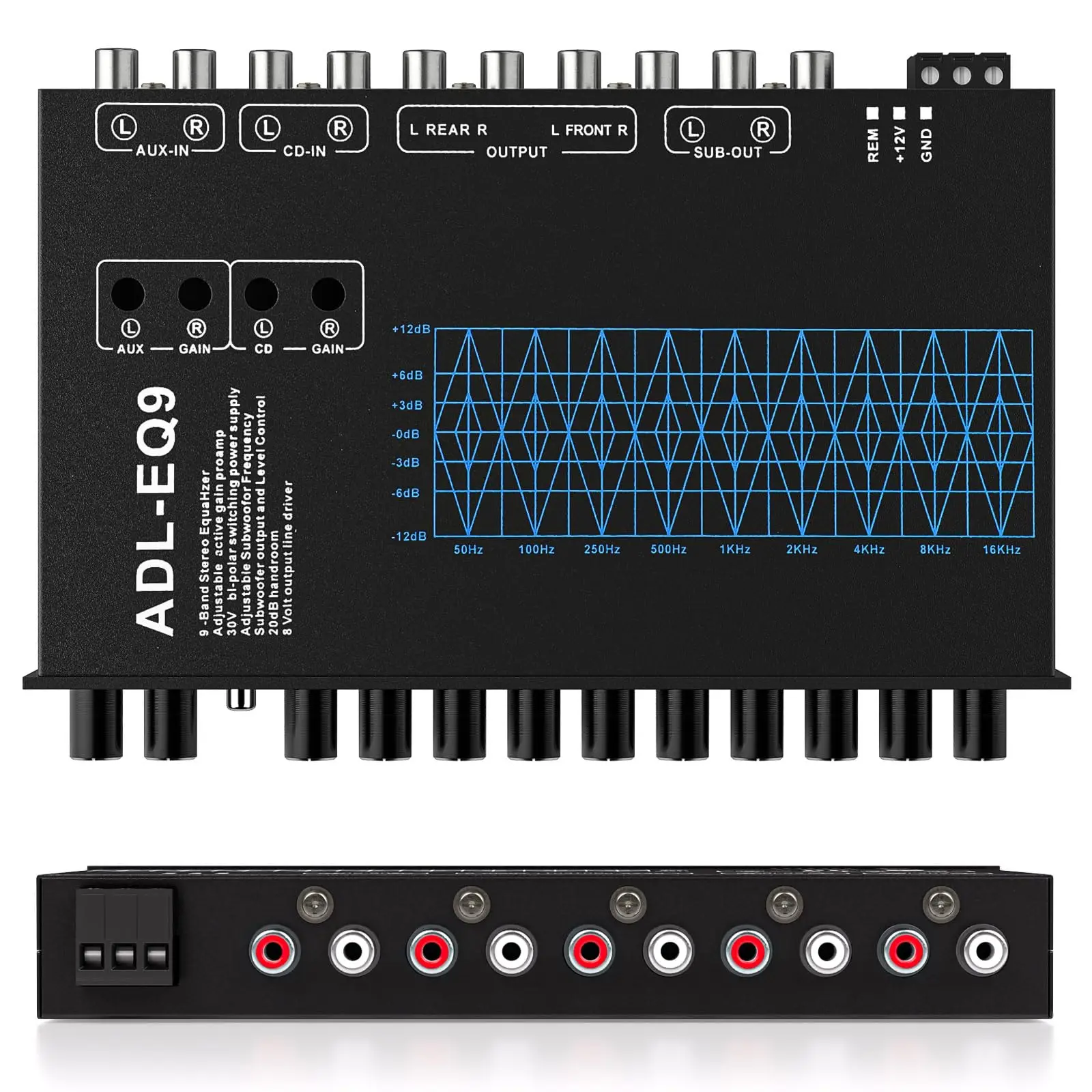 

9 Band Car Audio Equalizer EQ, RMS Line Driver, Frequency Adjustable Audio Output for Car, Boat W/CD/AUX Input