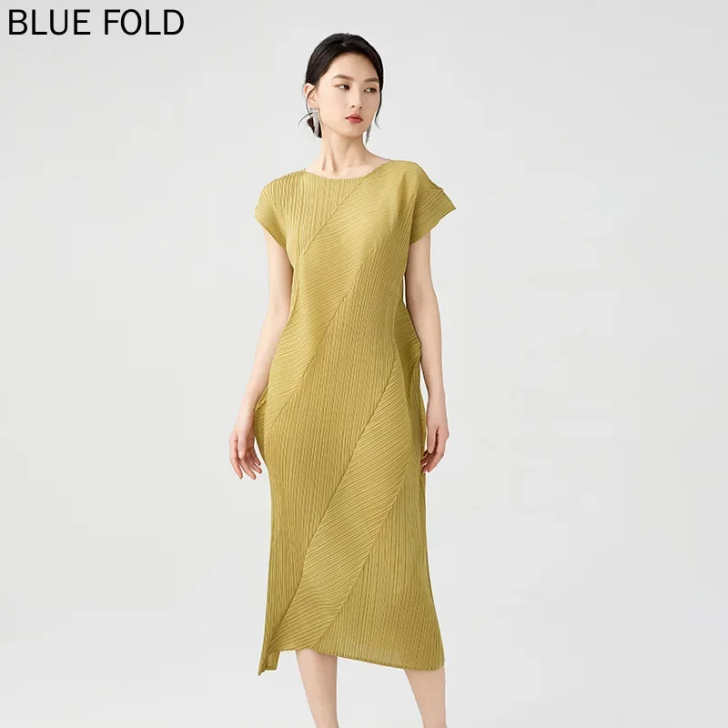 Miyake Hot Selling Pleated Dress Irregular Casual Solid Color Slim Round Neck Short Sleeve Folded Mid-length Dress PLEATS Vestid