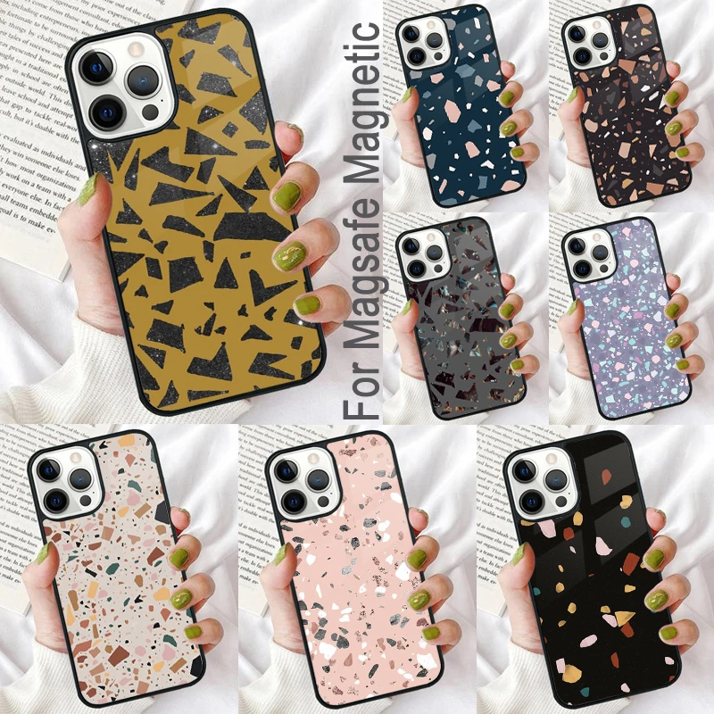 Terrazzo Abstract Tortoise Magnetic Soft Phone Case for iPhone 16 Promax 15 Pro 13 14 Plus 11 12 Mini MagSafe Coque