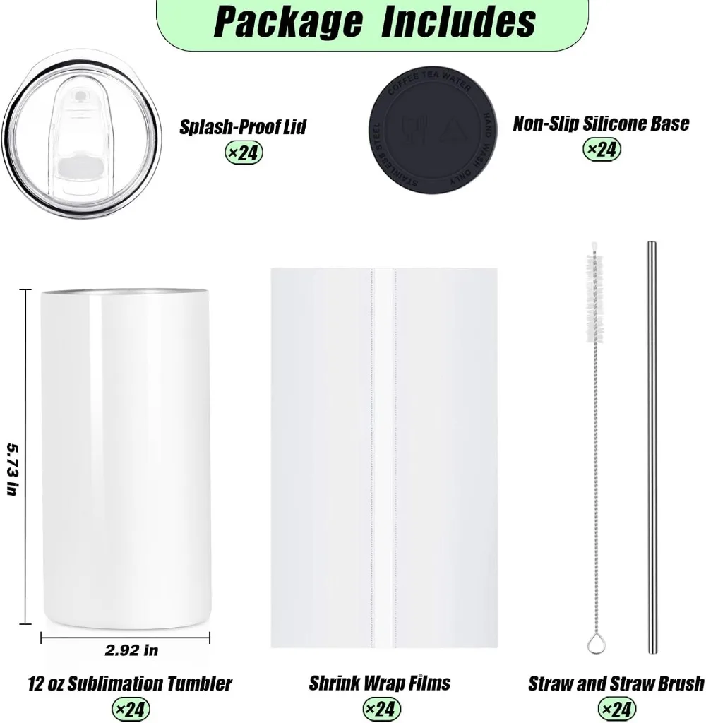 12 Oz Sublimation Tumblers Bulk, Stainless Steel Double Wall Insulated Mugs with Straw & Brush, Individually Boxed (24 Pack)