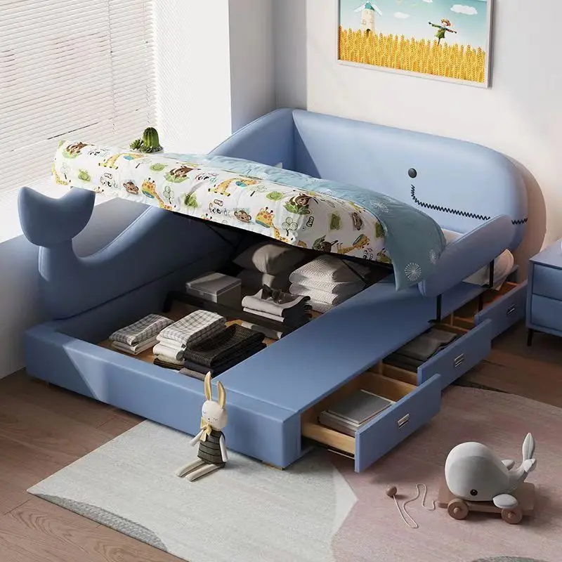 سرير أطفال حديث بتصميم الحوت الكرتوني وسرير مفرد على طراز الأميرة للأولاد والبنات مع مساحة تخزين