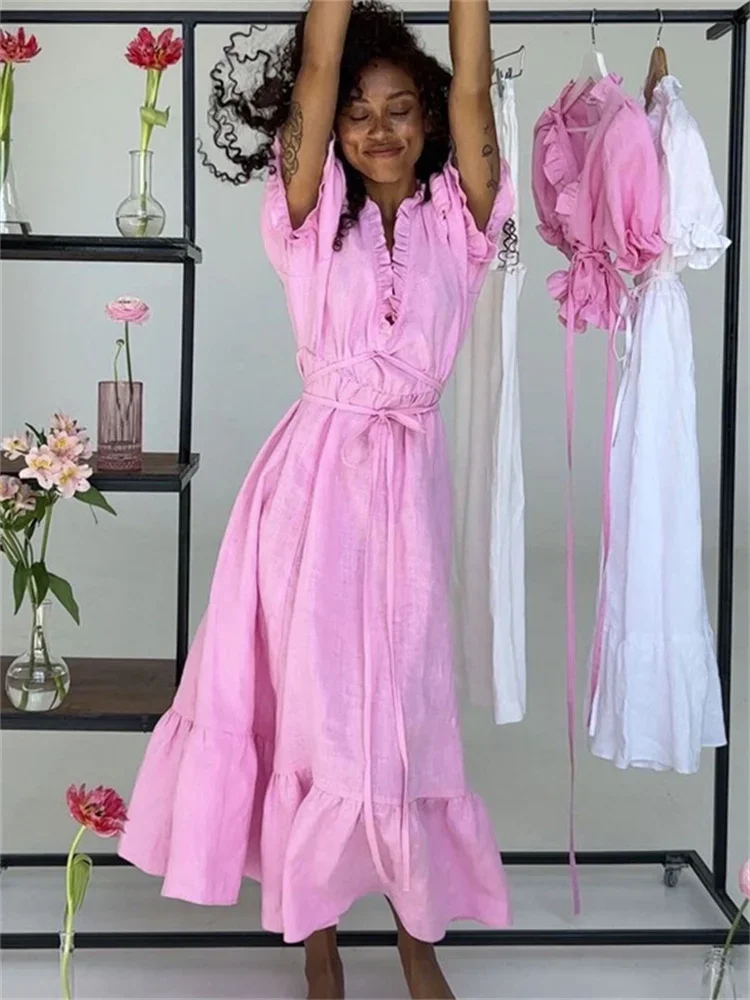 

Ruffled Lace-Up V-Neck Long Dress Female Short Sleeve Fashion Summer 2024 Patchwork High Waist Dress Ladies Bandage Dress