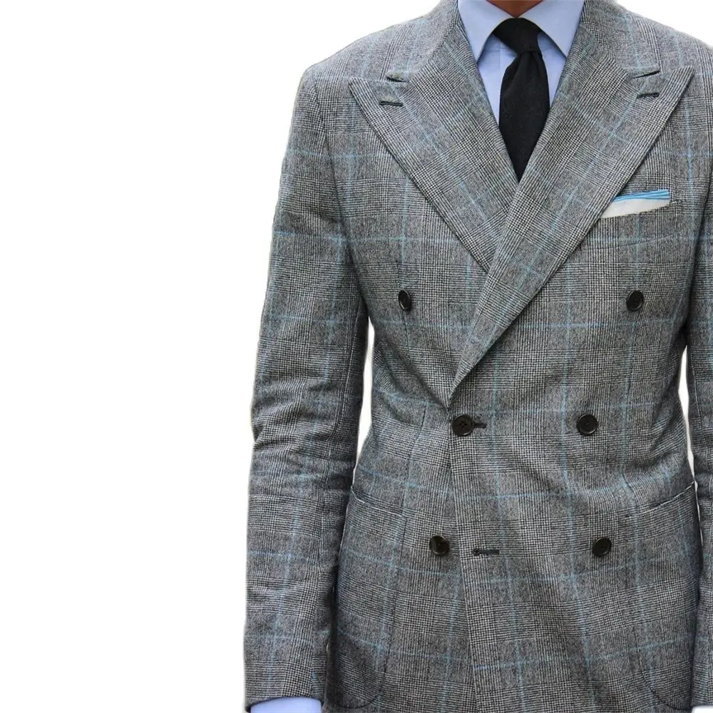 2024 Fashion Grey Plaid Suits Men‘’s Wedding Groom Tuxedo Business Blazer Slim Fit 2 Piece Daily Jacket Pants Costume Homme