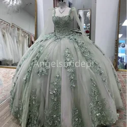 Angelsbridep Customized Sage Green Ball Gown Quinceanera Dresses 2025 Beading 3D Handmade Appliques Sweet 16 Vestido De 15 Anos