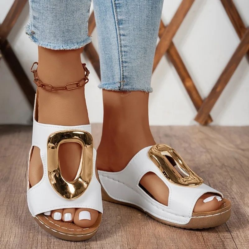 Neue Sommer-Damenmode Slip-On Pantoffeln Strandpantoffeln Einfarbige Runde Keilabsatz-Sandalen Lässige Designer-Schuhe Slides für Frauen – Detail 3