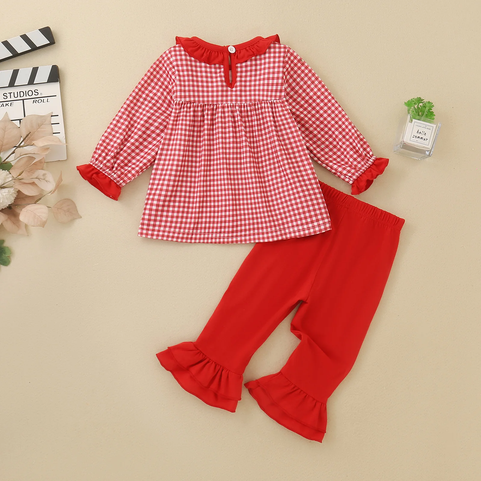 Toddler Girl Christmas Outfit Red Gingham Ruffle Long Sleeve Top Flare Pants 2Pcs Infant Santa Embroidery Clothes Set