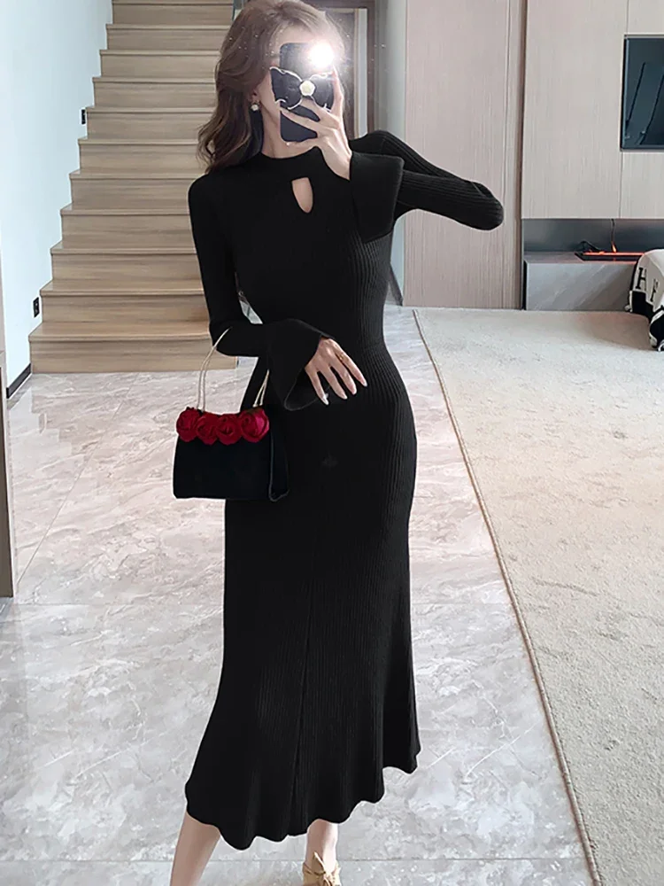 Women Fashion Chic Hollow Out Long Dress 2025 Korean Vintage Hepburn Prom Robe Autumn Winter Black Knitted Ruffled Mermaid Dress