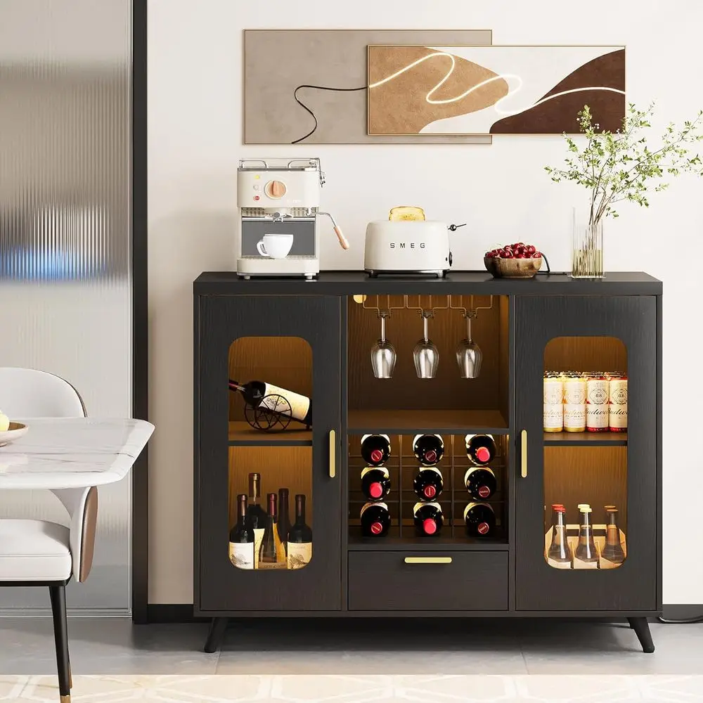 

Contemporary LED-Lit Bar Cabinet with Power Outlet, Wine Rack, and Glass Holder for Kitchen, Dining, or Living Room in Black