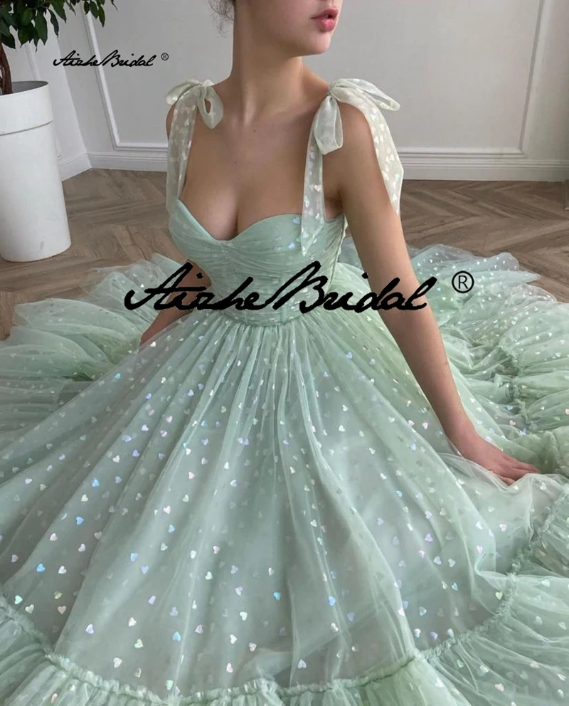 Vestido de fiesta de tul con estampado de corazón verde menta, vestido de fiesta con bolsillos laterales y tirantes con lazo, falda drapeada con borde superior, vestido de fiesta Formal