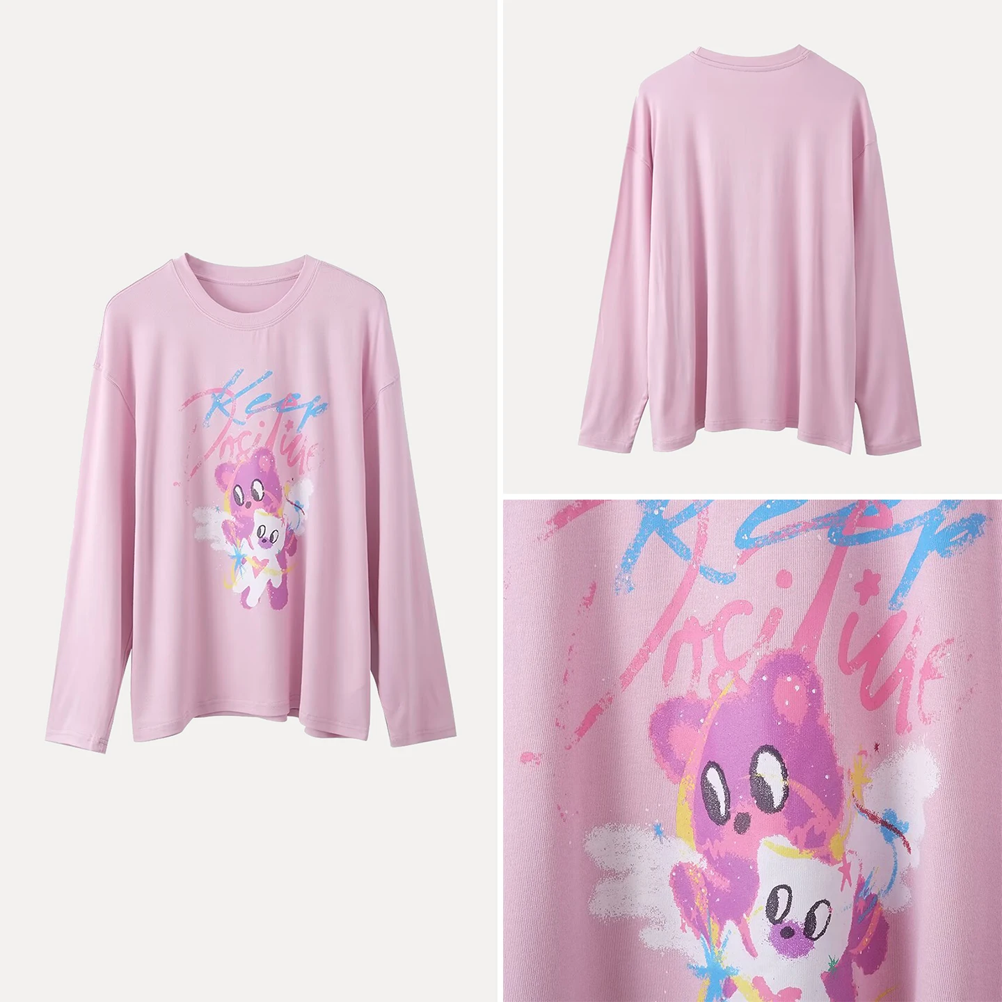 

Fall 2025 Women's Long Sve Cotton T-irt Fun Color Colion Bear Print Stand Fit round Ne European Sle Ladies Tee