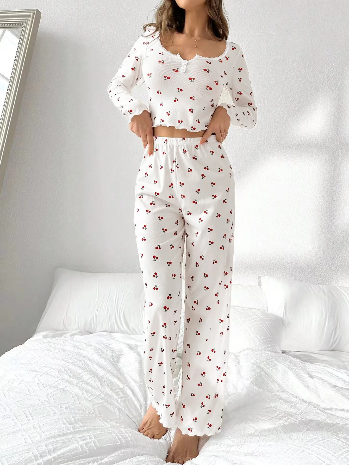 

Women's Pyjamas Cherry Print Lace-Trimmed V-Neck Long-Sleeved Top with Cabbage Roll Hem Trousers Set Relaxed Comfort Homewear