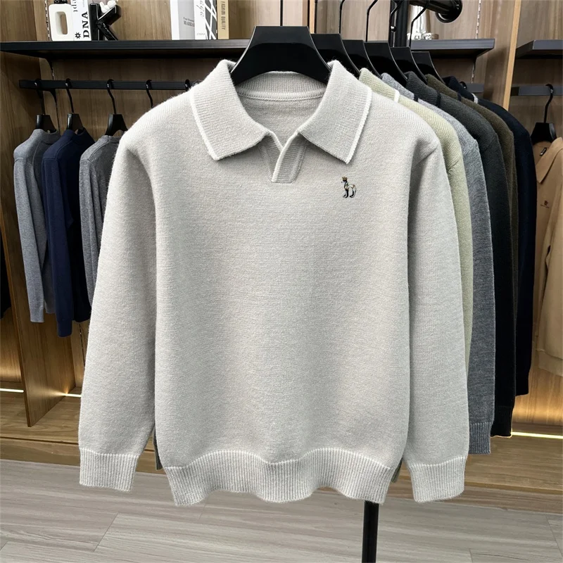 Autumn New Men's Embroidery Print Polo Shirt Long Sleeve Lapel Designer Solid Color Knit T-shirt Fashion Business Men's Clothing